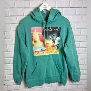 Unisex Teal Graphic Hoodie “Hate Not Love More" Organic Cotton Blend M/L